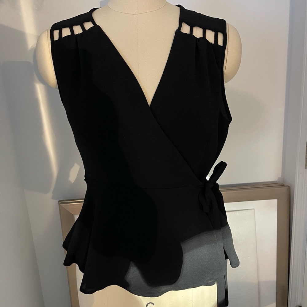 Monteau- Black Sleeveless Wrap Top with Ladder Shoulder Detail- Medium